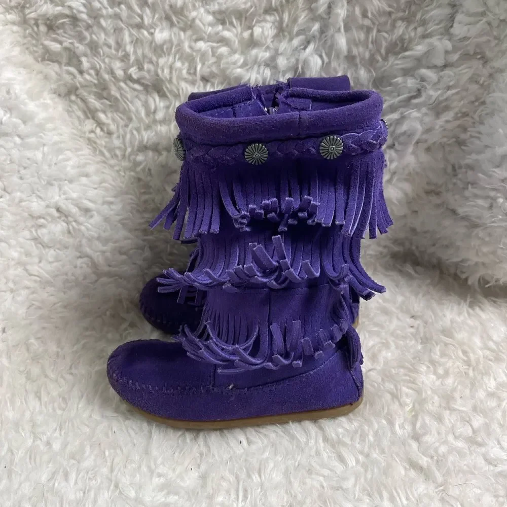 Minnetonka little girl leather suede purple fringe layers knee high boots SZ9